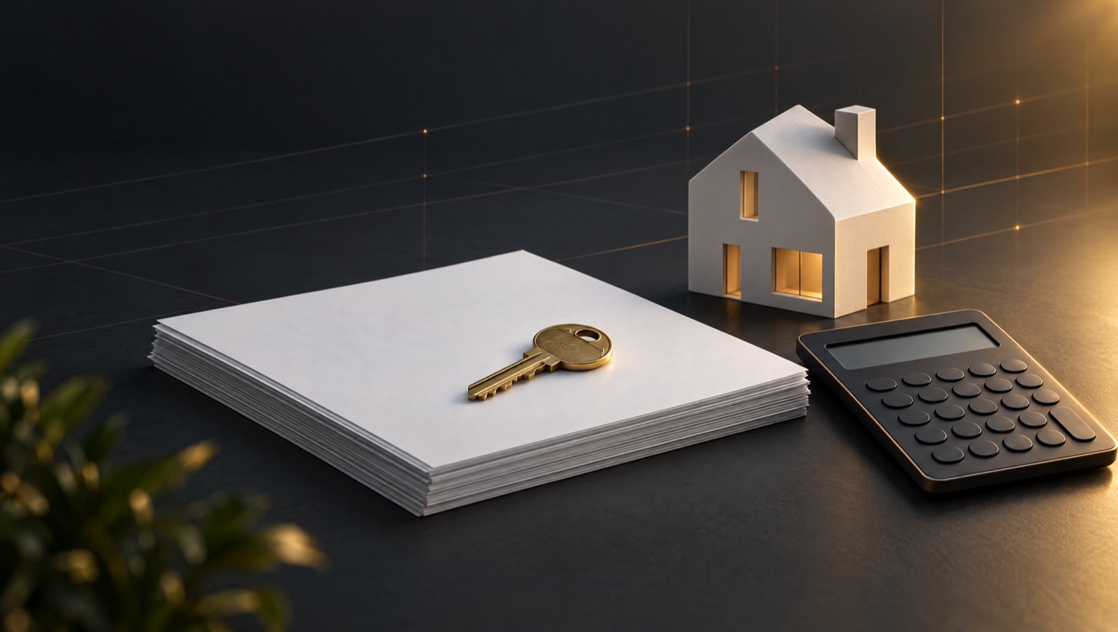 A house key on a stack of documents beside a calculator and a small house model